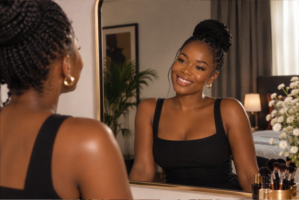 A smiling Black woman with braided hair in a high bun looks at her reflection in a mirror in a warmly lit bedroom, wearing a black sleeveless top and gold hoop earrings.