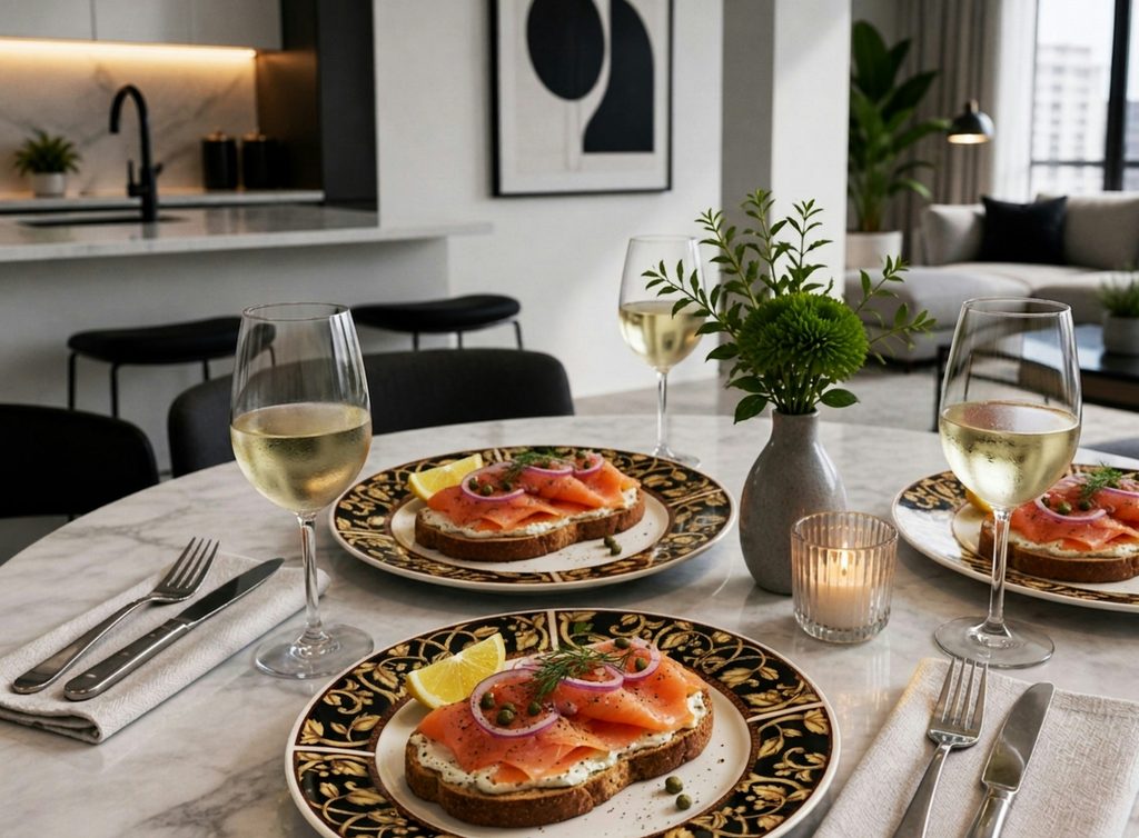 An elegant dining table set with smoked salmon toast, white wine, ornate black-and-gold plates, a lit candle, and a small vase of greenery in a modern open-plan kitchen and living room.